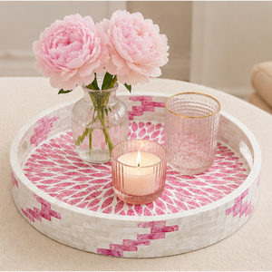 Plateau décoratif rond en nacre de qualité supérieure, motif floral en mosaïque rose, plateau de service pour table basse, vente en gros - Product Image 2