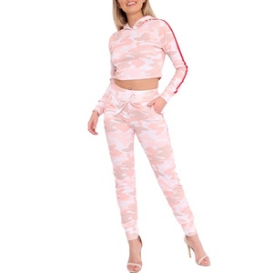 Top quality women sublimated crop top long sleeve <b>hoodie</b> & trousers pants sweat suit sets - Product Image 2