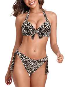Women <b>Leopard</b> Color Blocking One-Piece Bikini Set Halter Neck Push High Cut Bottom Bandeau Bra Crystal Decoration Stretch Fabric - Product Image 5