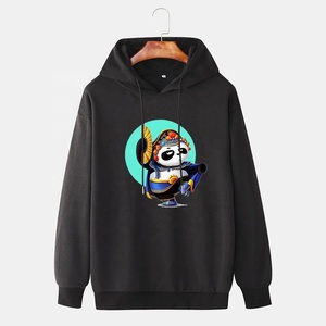 Sweat-shirt à capuche noir en molleton épais avec imprimé graphique de panda de dessin animé, coupe oversize - Product Image 1