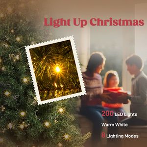 Albero di Natale Artificiale Slim da 180 cm, Stile Abete di Montagna, con Punta Curva e 200 LED, Base in Metallo Verde, Decorato - Product Image 6