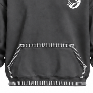 Charcoal Gray Stitched Border Distressed Pullover <b>Hoodie</b> <b>Oversized</b> Sweatshirt Contrast <b>Stitch</b> Kangaroo Pocket Casual Streetwear - Product Image 6