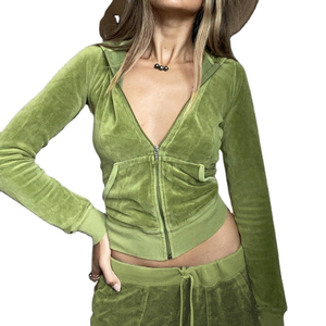 Women Green Velour Hooded <b>Zip</b>-<b>Up</b> <b>Crop</b> Top With Side Pockets Casual Autumn Wear Full Sleeve Tracksuit Set - Product Image 1