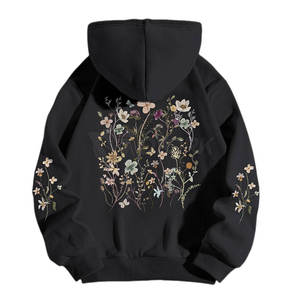 Sweat à capuche graphique premium pour femme, noir, imprimé floral, coupe oversize, en polaire, avec motif botanique au dos et imprimé sur les manches, style streetwear - Product Image 2