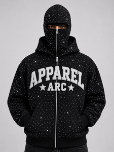 Wholesale <b>Black</b> Rhinestone Full <b>Zip</b> Face <b>Hoodie</b> Luxury Crystal Streetwear Heavyweight Fleece Hoodies For Men - Product Image 1