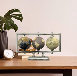 Ensemble de globes terrestres rotatifs de luxe en aluminium, triple globe, cadre rectangulaire argenté, cartes multiples, sculpture de bureau moderne, accent de table - Product Image 3