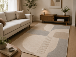 Alfombra de Lana Hecha a Mano para Sala de Estar, Estilo Escandinavo Japandi Minimalista, Beige Crema Gris, Geométrica, de Lujo y Diseño - Product Image 5
