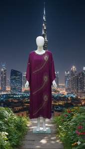 Seda morada de lujo con plumas de pavo real bordadas en oro. Una combinación atemporal de elegancia tradicional y estilo moderno. - Product Image 3