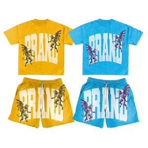 Vintage Acid Washed <b>Blank</b> Mens Summer Two Pieces Set Customized <b>Weight</b> logo Graphics Colors Drawstring Shorts and T-shirt Set - Product Image 1