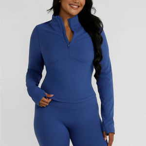 Women's 1/4 Zip <b>Thumb</b> Hole <b>Cuff</b> Design Compression Body Fit High Collar Design Crop Length Long Sleeve Fitness Training Shirt - Product Image 6