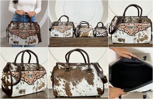 Sacs de voyage en cuir de vachette de qualité supérieure, personnalisés, style western, grande capacité de 15 pouces, motif floral, pierre turquoise, sac de week-end - Product Image 3