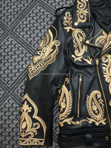 Chaqueta de Motociclista para Hombre MH, Negra, de PU Transpirable, de Secado Rápido, con Bordado Dorado, Diseño Paisley, Cierre de Cremallera, Cuello Redondo, Estilo Biker - Product Image 3
