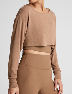 Ensemble de yoga 2 pièces marron avec crop top et leggings longs taille haute sans coutures à découpes - Product Image 4