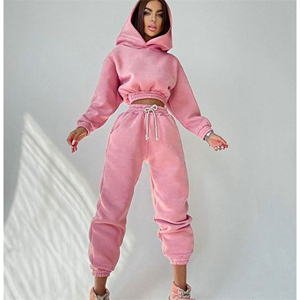 Latest Style Women Tracksuits <b>Pink</b> Hooded <b>Crop</b> <b>Top</b> Workout Trouser 2 Piece Set Women Running Jogging Sport Suit OEM Service - Product Image 1