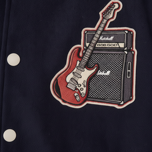 Chaqueta Varsity Azul Marino para Hombre con Mangas Crema, Parche Bordado Rock & Roll, Chaqueta Bomber de Béisbol Estilo Letterman, Preppy Streetwear - Product Image 6