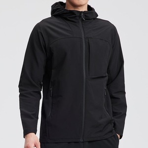 Men's <b>Black</b> Hooded <b>Fleece</b> <b>Jacket</b> Windproof Zipper Closure Casual Autumn Wear Regular Fit Polyester Material Solid Color - Product Image 1