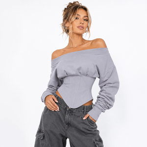 Chemise pour femme à manches longues, style corset, épaules dénudées, beige, avec broderie personnalisée et dos lacé, style streetwear boutique - Product Image 5