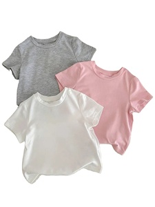 เสื้อยืดแขนสั้นสำหรับเด็ก, เสื้อยืดคอกลมสีพื้นชมพูเทาสวมใส่สบายคอกลมน้ำหนักเบาสำหรับฤดูร้อนและเด็กผู้หญิงจำนวน3ชิ้น - Product Image 6
