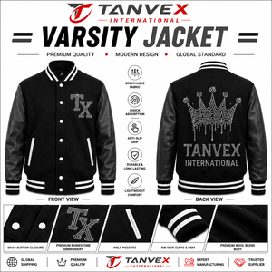 TANVEX INTERNATIONAL Men's Varsity <b>Jacket</b> Wool Blend Snap Button <b>Rhinestone</b> Embroidery Preppy Style Autumn Wear - Product Image 3