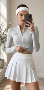 ONETEN APPARELS Women Long Sleeve Zip-Up Crop <b>Top</b> High Waist Pleated Mini <b>Skirt</b> Sporty Fitted Solid <b>White</b> Casual Dress - Product Image 5