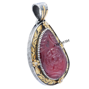 Colgante de Plata de Ley 925 de oro amarillo de 18 quilates hecho a mano, cabujón Vintage, Diamante de Rubí, flor tallada, regalo de joyería fina certificado GIA - Product Image 4