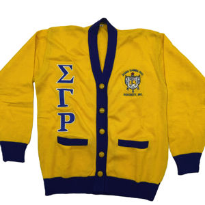Sigma Gamma Rho Women's Winter Vintage <b>Yellow</b> Cardigan V-Neck Full Sleeve Embroidered Greek Letters Preppy Acrylic <b>Wool</b> Knitted - Product Image 1