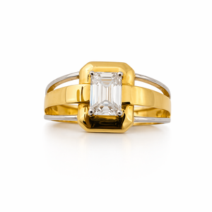 Mens 18KT Yellow Gold Emerald Cut Cubic Zirconia Solitaire <b>Ring</b> Two Tone <b>Split</b> Shank Band Wedding Party Engagement Gift Jewelry - Product Image 1