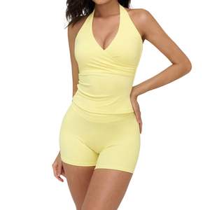 Custom Wholesale High Waist Yoga <b>Shorts</b> & Reversible <b>Sports</b> Bra Set Ribbed Fabric <b>with</b> Custom Thin Straps - Product Image 1