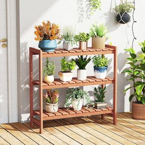 Support à plantes à 3 niveaux en bois massif avec étagères à lattes pour pots de fleurs et jardinières - Product Image 2