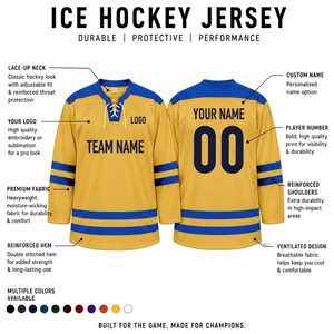Jersey de Hockey sobre Hielo Amarillo y Azul para Hombre, Manga Larga, Cuello en V, Cierre con Cordón, Absorbe la Humedad, Antibacteriano, Ropa Deportiva de Poliéster - Product Image 5
