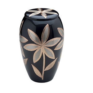 Urna Funeraria de Alta Calidad, Nueva, Modelo BA-8544 de B INTERNATIONAL, Duradera, para Cenizas Humanas, Color Negro y Dorado con Diseño Floral, Metálica, 220 Pulgadas Cúbicas - Product Image 1