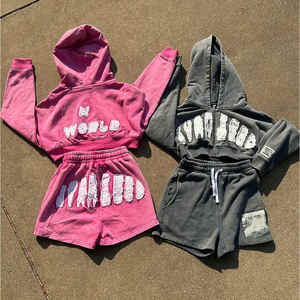 Custom Label Distressed Applique Heavyweight <b>Zip</b> <b>up</b> Slim Fit <b>Cropped</b> Short Set Jacket <b>Hoodies</b> and Shorts Tracksuit for Winter - Product Image 6