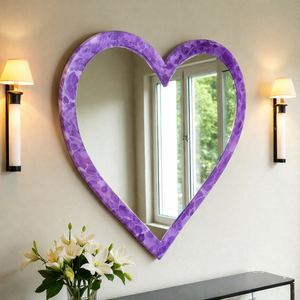 Espejo de Pared de Ónix Morado de Lujo en Forma de Corazón, Espejo de Pared de Piedra Natural, Espejo Decorativo Hecho a Mano con Marco de Ónix, Espejo de Vanidad - Product Image 1