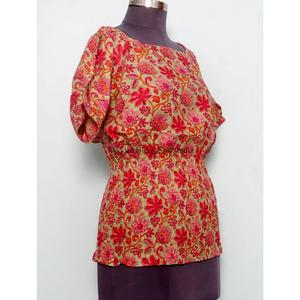 All Seasons <b>Indian</b> Cotton <b>Top</b> Women O-Neck Detailing Puff Sleeve Floral Print Eco-Friendly Breathable Elastic Waistline <b>top</b> - Product Image 4