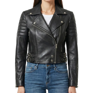 Blouson moto en cuir véritable pour femme, coupe ajustée, style court, avec épaulettes rembourrées, en peau de mouton noire, vente en gros - Product Image 1