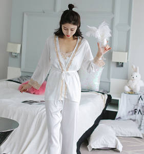 Conjunto de Pijama de Seda Suave para Mujer, Camisola de Encaje, Traje de 3 Piezas, Top, Pantalones Largos, Ropa de Dormir - Product Image 4