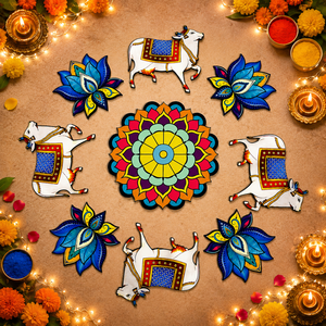 Ensemble de rangolis en bois réutilisables en gros avec motifs d'éléphant et de lotus, art de sol modulaire multi-pièces pour la décoration de Diwali et de mariage - Product Image 6