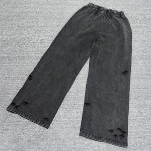 <b>Men</b> Ripped Denim Pants Wide Leg Elastic Waist <b>Drawstring</b> Casual Streetwear <b>Trousers</b> Distressed Wash Midweight Cotton - Product Image 3