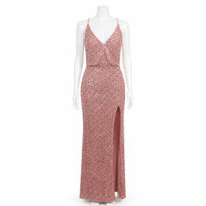 Luxury Rose Gold Sequin Evening Dress Women Deep V Neck Spaghetti Strap Bodycon Maxi Gown <b>Thigh</b> High Slit Formal Prom Cocktail - Product Image 1
