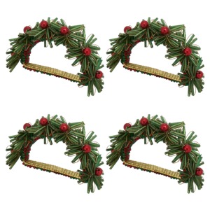 Porta Servilletas Artesanal con Cuentas de Bayas Rojas y Agujas de Pino Verdes, Elegante Anillo para Servilletas con Alambre Dorado Envolvente, Corona Navideña - Product Image 3