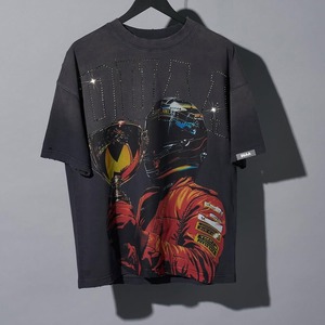 Men's Casual Acid Wash Vintage T-Shirts High Street Cotton <b>Drop</b> Shoulder with Custom O-neck Print Short Sleeves - Product Image 2