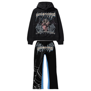 Unisex Oversized Hoodie and Sweatpants Set Printed Street Style Black with Flame Pineapple Graphic Autumn Wear - Product Image 3