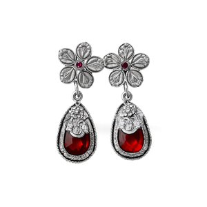 Dual Tone German Silver Floral Jhumka Drop Earrings with Ruby in Platinum Bezel Setting - Product Image 2