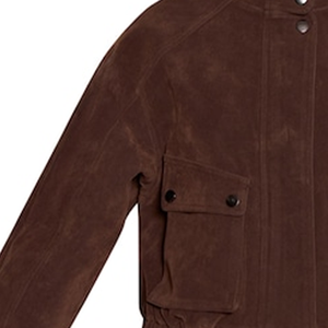 Blouson bomber court unisexe en suède et laine, col en V, fermeture éclair, poches plaquées, style streetwear décontracté et élégant, couleur chocolat amer - Product Image 3