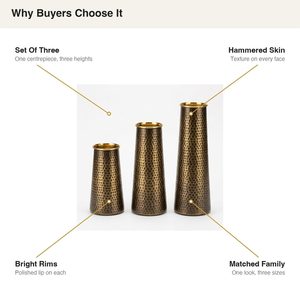 Ensemble de 3 vases en fonte faits à la main, 12 cm, finition laiton antique, ensemble de vases martelés gradués pour la décoration intérieure, les hôtels et les mariages - Product Image 5