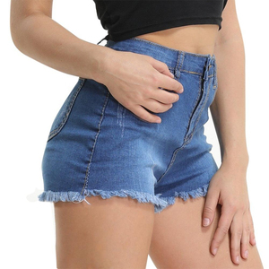 Women's Mid Waist Denim Shorts 100% Cotton Solid Color Ripped Hem Casual Elastic Waist Fit Type Regular Wash Distressed Anti-UV - Product Image 5