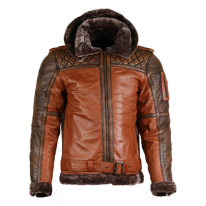 <b>Men's</b> Winter Genuine Leather Jacket With Faux Fur Lining Hooded Moto Biker Style Windproof Thick Regular Length - Product Image 4