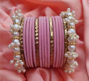 Green Velvet <b>Bangles</b> With Pearl And Gold Accents Women's Jewelry Set - Product Image 2