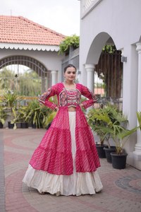 Pink Embroidered <b>Lehenga</b> Choli With Cream <b>Skirt</b> Traditional Indian Wedding Wear For Women Cotton Floor Length Loose Fit - Product Image 2