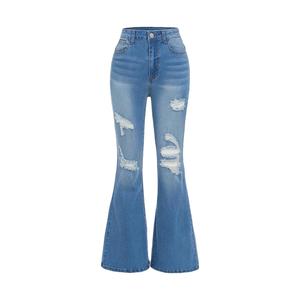Vaqueros de mezclilla acampanados de tiro medio con detalle de lazo, bordado sólido, algodón, lavado a la piedra, corte ajustado casual, estilo primavera para mujer - Product Image 5